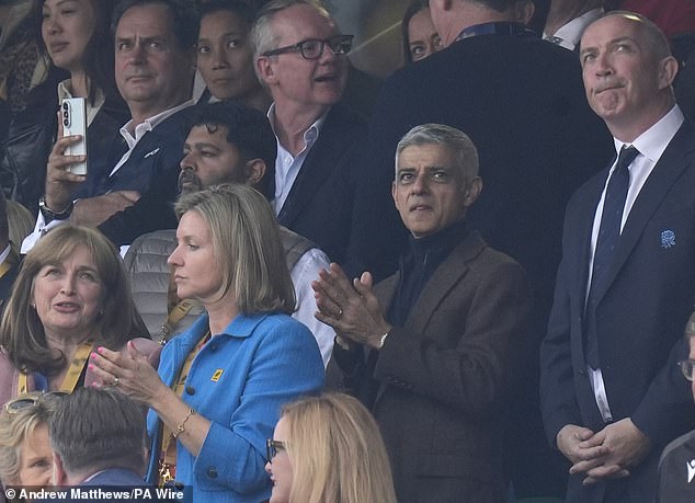 Mayor of London Sir Sadiq Khan (pictured) attended the match in person, looking on from the stands as the Red Roses claimed their win