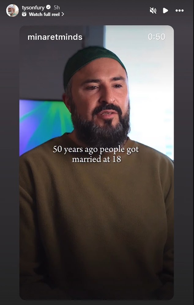 Tyson Fury appeared to respond to critics of his daughter's engagement at 16 by sharing a video posted by an account focusing on 'Islamic reminders, stories and reflections.'