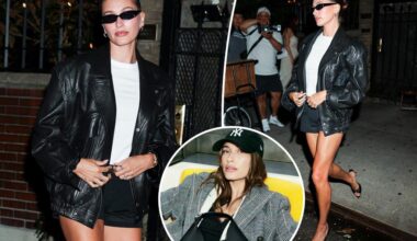 Hailey Bieber wears leather bomber and tiny mesh basketball shorts in NYC