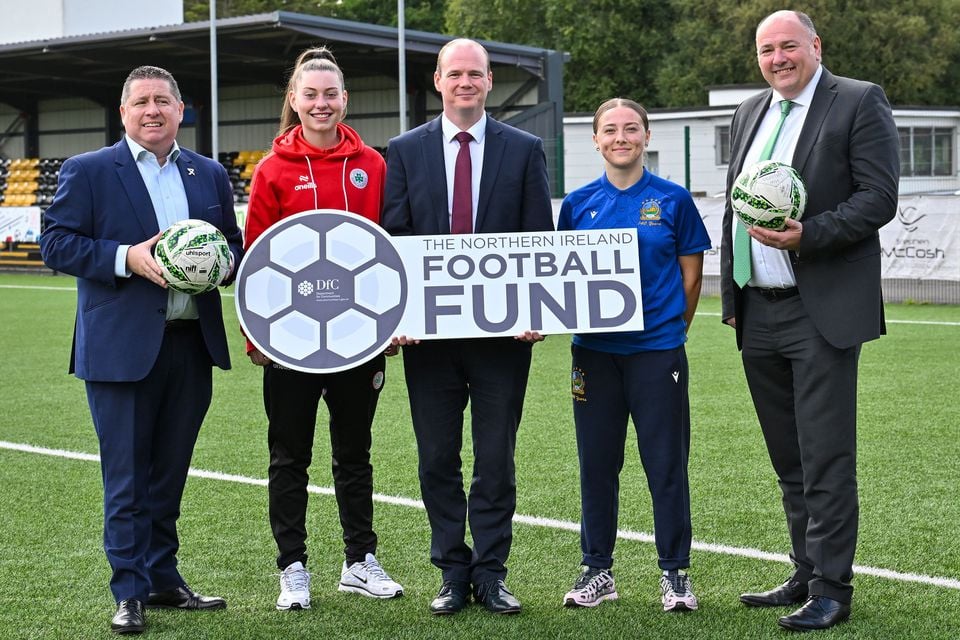 Gerard Lawlor (far left) at the NI Football Fund reveal at the Blanchflower Stadium
