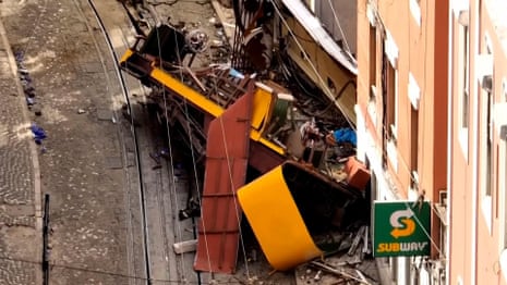 Aerial footage shows wreckage of Lisbon funicular crash – video 