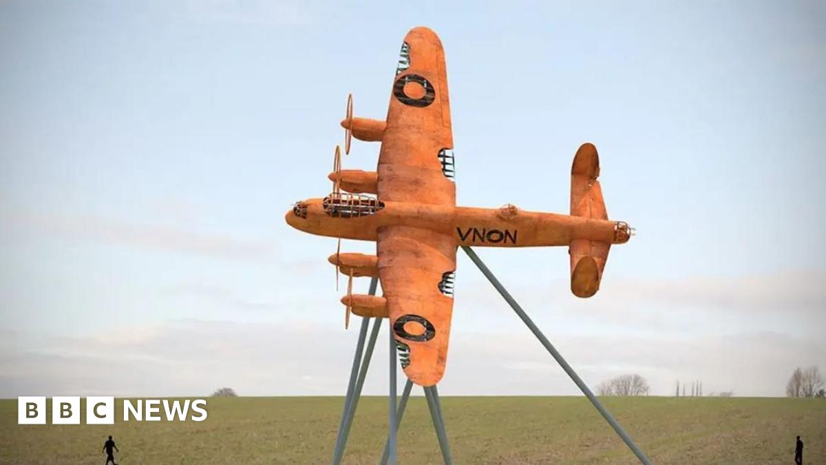 Artist impression of a rust-coloured Lancaster bomber on a metal stand with a field in the background.