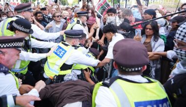 Police and demonstrators in Westminster. Pic: PA