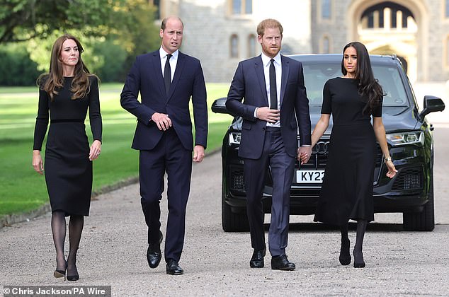 File photo dated 10/09/22 of The Princess of Wales, the Prince of Wales and the Duke and Duchess of Sussex walking to meet members of the public at Windsor Castle in Berkshire following the death of Queen Elizabeth II. The Duchess of Sussex has revealed how spending nearly three weeks away from her children left her "not well". Meghan, in the second season of her Netflix show With Love, Meghan, did not elaborate on dates, but there will be speculation she was referring to when the Sussexes unexpectedly remained in the UK due to the death of Queen Elizabeth II in 2022. Issue date: Tuesday August 26, 2025. PA Photo. Photo credit should read: Chris Jackson/PA Wire