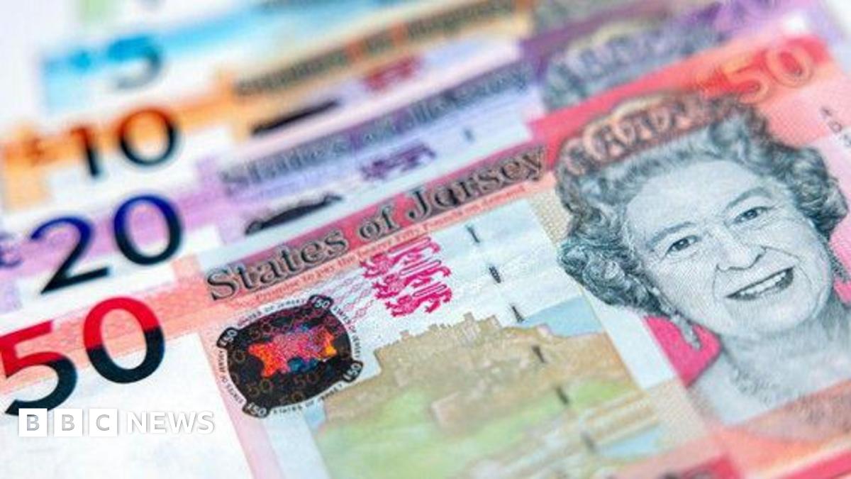 A picture of 4 States of Jersey bank notes. They are red, purple, orange and blue in colour. There is a picture of the queen on the right of the notes.