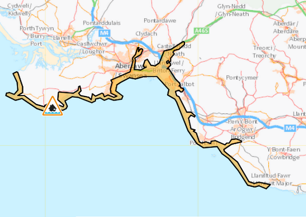 The alert affecting Swansea Bay and the Gower coast