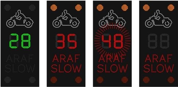 A road sign showing different speeds a under a pictorial representation of a person riding a motorcycle. The number in green reads 28, while the numbers in read read 35 and 48. A "Slow" and "Araf" message can be read under the red numbers.