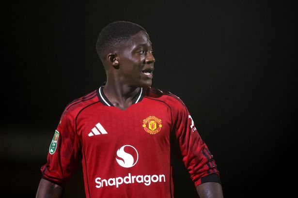 Kobbie Mainoo during the Carabao Cup Second Round match between Grimsby Town and Manchester United at Blundell Park.  