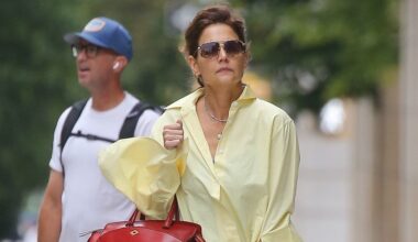 Katie Holmes Wears a Butter Yellow Shirt With Split-Hem Sleeves