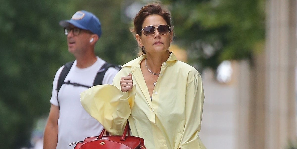 Katie Holmes Wears a Butter Yellow Shirt With Split-Hem Sleeves