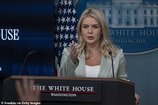 WASHINGTON DC, UNITED STATES - SEPTEMBER 9: White House Press Secretary Karoline Leavitt speaks at the White House press briefing room in Washington DC, United States, on September 9, 2025. (Photo by Celal Gunes/Anadolu via Getty Images)
