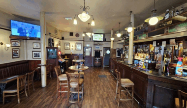 Interior of a pub with a long wooden bar, several tables and chairs, and a television playing sports.