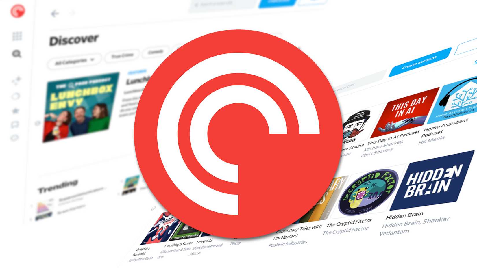Pocket Casts logo over screenshots of the Pocket Casts web app.