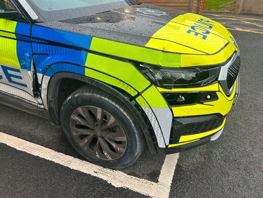 Damage caused to the police vehicle during the incident in Jonesborough. PSNI