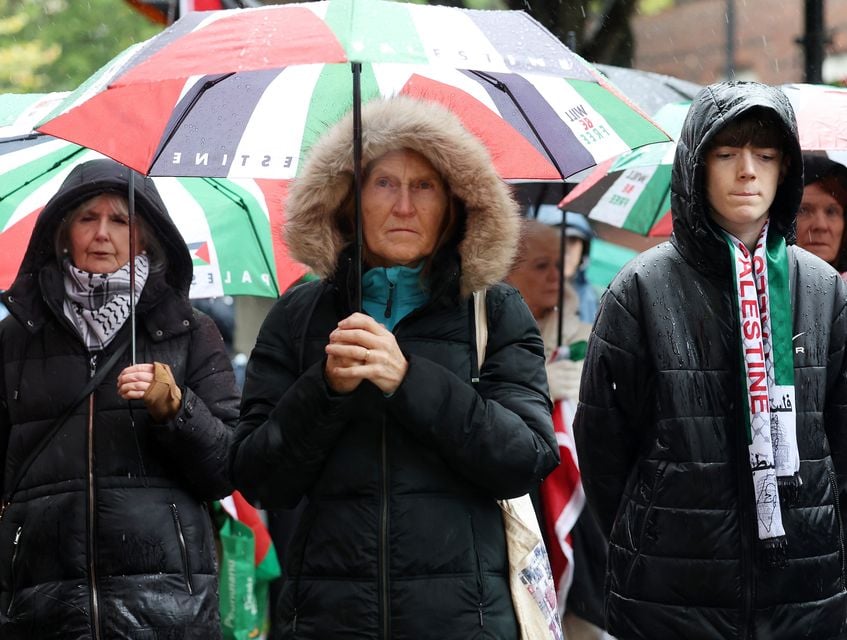 Pro-Palestinian protesters gather outside the BBC Northern Ireland office on Bedford Street in Belfast city centre. Picture by Jonathan Porter/PressEye