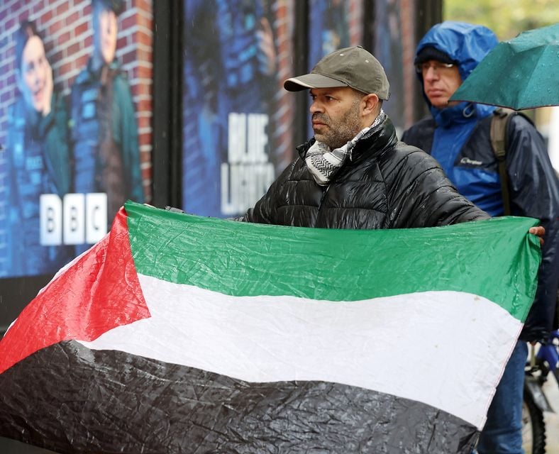 Pro-Palestinian protesters gather outside the BBC Northern Ireland office on Bedford Street in Belfast city centre. Picture by Jonathan Porter/PressEye