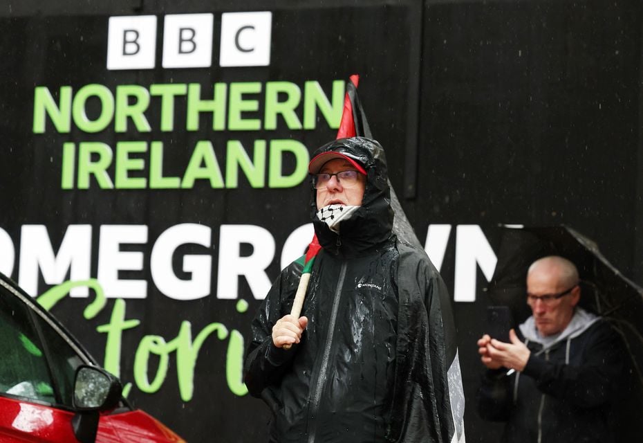 Pro-Palestinian protesters gather outside the BBC Northern Ireland office on Bedford Street in Belfast city centre. Picture by Jonathan Porter/PressEye