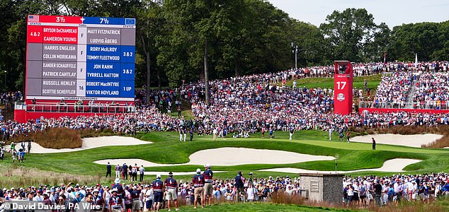 A general view of the 17th green, featuring the morning foursomes match between Robert MacIntyre and Viktor Hovland against Russell Henley and Scottie Scheffler  on day two of the Ryder Cup at the Bethpage Black Course, Farmingdale, New York. Picture date: Saturday September 27, 2025. PA Photo. Photo credit should read: David Davies/PA Wire.RESTRICTIONS: Use subject to restrictions. Editorial use only, no commercial use without prior consent from rights holder.