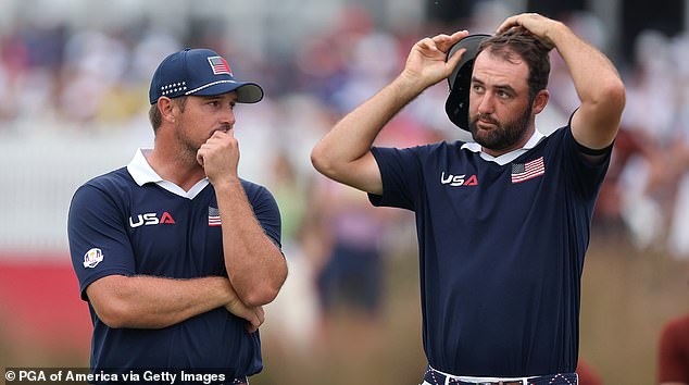 FARMINGDALE, NEW YORK - SEPTEMBER 27: Bryson DeChambeau and Scottie Scheffler of Team United States look on as Justin Rose of Team Europe (not pictured) hits a putt on the 16th hole to win their match, 3&2, during the Saturday afternoon four-balls matches of the 2025 Ryder Cup at Black Course at Bethpage State Park Golf Course on September 27, 2025 in Farmingdale, New York. (Photo by Michael Reaves/PGA of America/PGA of America via Getty Images)