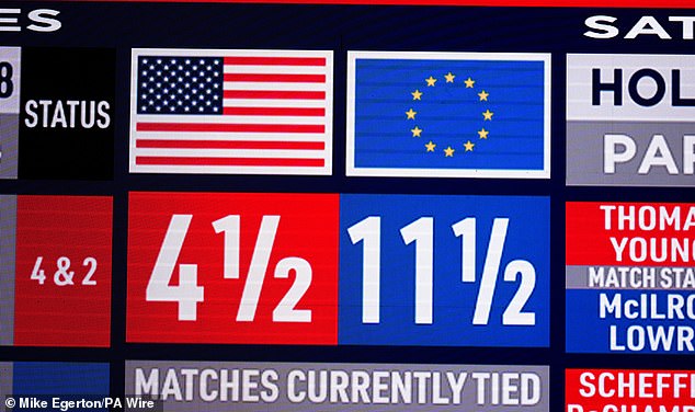 A general view of the scoreboard which shows a European lead following the afternoon fourball matches on day two of the Ryder Cup at the Bethpage Black Course, Farmingdale, New York. Picture date: Saturday September 27, 2025. PA Photo. Photo credit should read: Mike Egerton/PA Wire.RESTRICTIONS: Use subject to restrictions. Editorial use only, no commercial use without prior consent from rights holder.