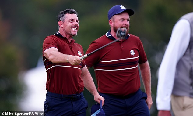 Rory McIlroy and Shane Lowry of Team Europe celebrates their victory over Justin Thomas and Cameron Young of Team United States following the afternoon fourball matches on day two of the Ryder Cup at the Bethpage Black Course, Farmingdale, New York. Picture date: Saturday September 27, 2025. PA Photo. Photo credit should read: Mike Egerton/PA Wire.RESTRICTIONS: Use subject to restrictions. Editorial use only, no commercial use without prior consent from rights holder.