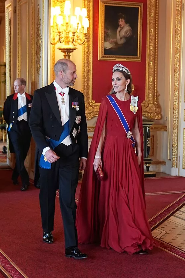 Prince William, Prince of Wales and Catherine, Princess of Wales arrive for the State Banquet for President of France Emmanuel Macron and his wife Brigitte Macron, at Windsor Castle on July 8, 2025 in Windsor, England. 