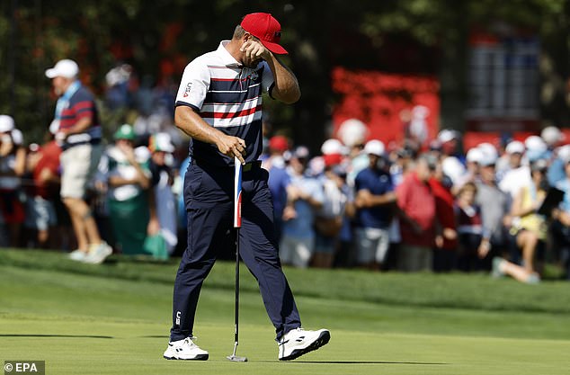 epa12413204 Bryson DeChambeau of USA on the 3rd hole during the singles matches of the 2025 Ryder Cup golf tournament at the Bethpage Black Golf Course in Farmingdale, New York, USA, 28 September 2025.  EPA/ERIK S. LESSER