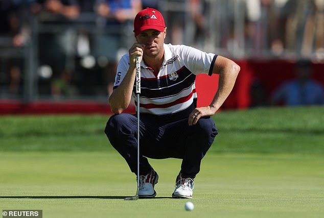 Golf - The 2025 Ryder Cup - Bethpage Black Golf Course, Farmingdale, New York, United States - September 28, 2025 Team USA's Justin Thomas lines up his putt on the 9th hole during the singles REUTERS/Paul Childs