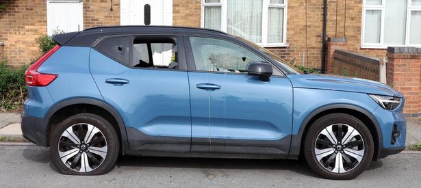 A blue Volvo was smashed up and egged