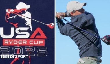Image of a golfer on a Ralph Lauren USA Ryder Cup T-shirt, which bears a resemblance to Rory McIlroy, alongside picture of the man himself with his post-swing drive