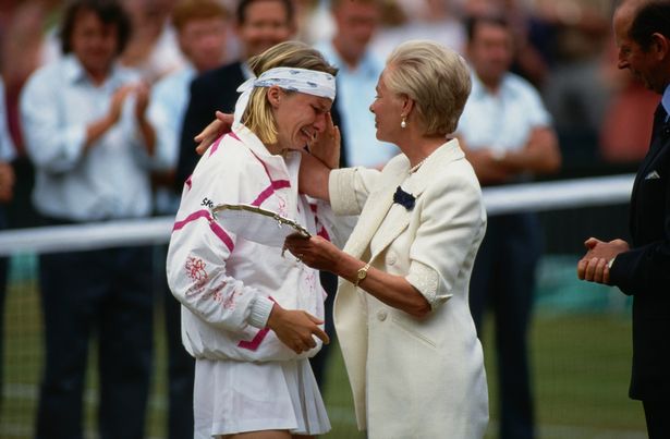 The royal comforts Jana Novotna after the Czech's loss in the women's singles final at the 1993 Wimbledon Championships