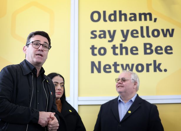 Andy Burnham, Arooj Shah and Neil Emmott at the launch event of Oldham's Bee Network roll out on 25 March. 