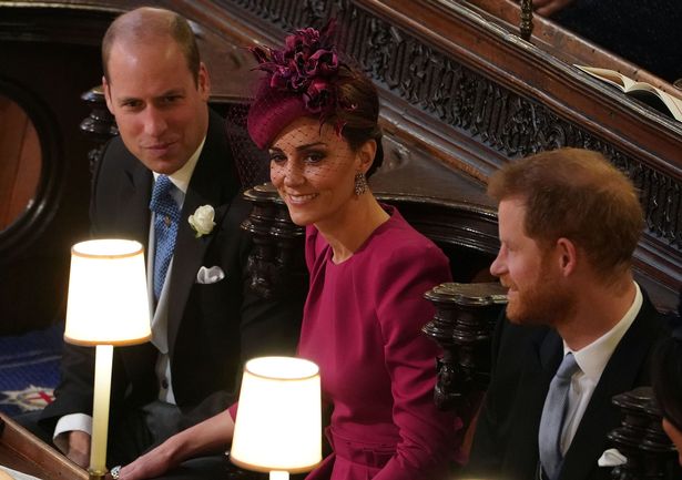 Prince William, Kate Middleton and Prince Harry sitting at Princess Eugenie's wedding