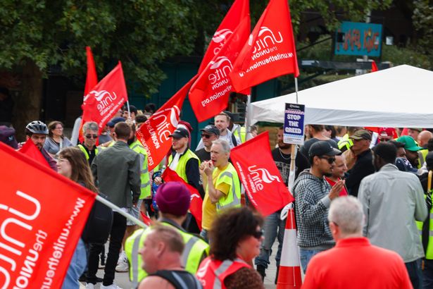 Striking First Bus drivers rally in Bristol city centre Friday 19 September 2025 on the fourth day of industrial action