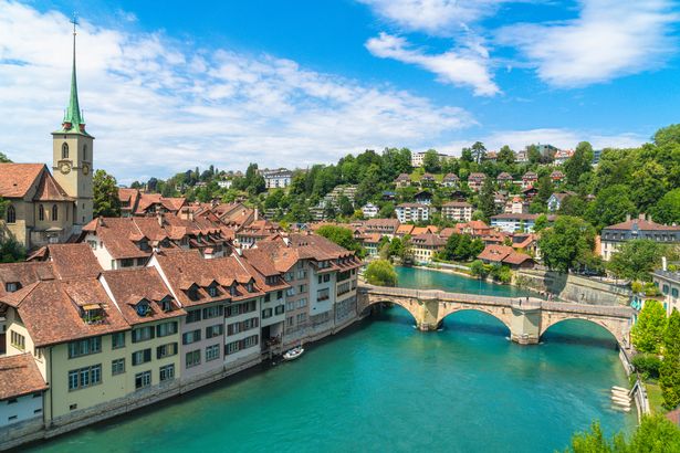 Aare River and Untertorbrucke bridge in the Old Town (Altstadt), Bern, Canton Bern, Switzerland