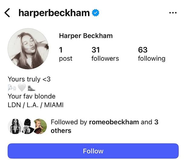 Harper's new account will remain private until her parents allow public access