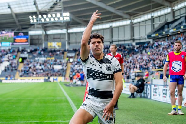 Hull FC's Lewis Martin celebrates his try against Warrington.