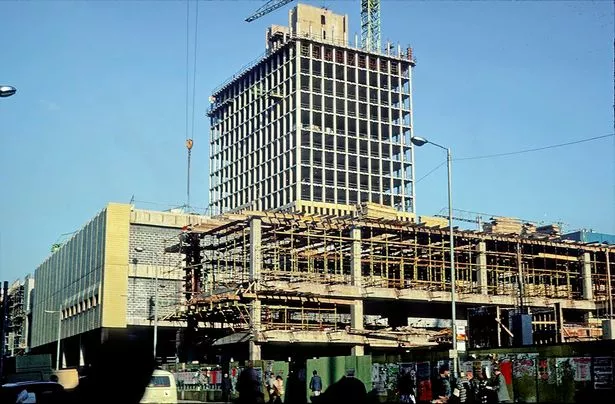The junction of Market Street, Cross Street and Corporation Street during the construction of the Manchester Arndale Centre in 1975