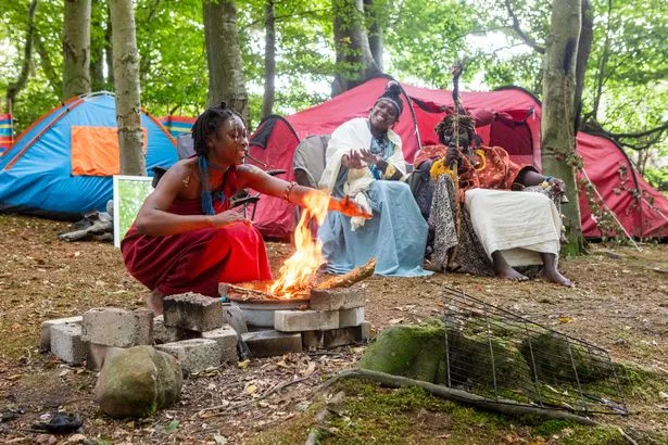 King Atehehe, his queen Nandi and handmaiden Asnat who have set up camp in woods in Jedburgh, Roxburghshire, where they have founded the kingdom of Kubala