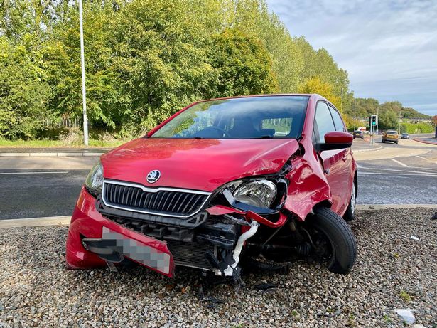 Damaged car following the collision