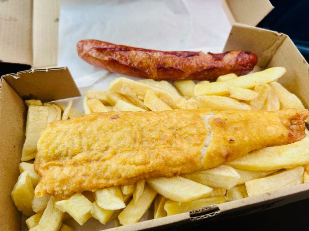 The fish, chips and sausage at Len's Chippy