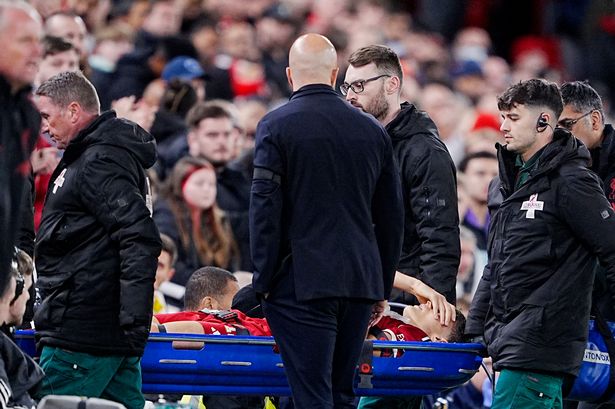 Liverpool's Giovanni Leoni is stretched off after being injured during the Carabao Cup third round match at Anfield, Liverpool. 