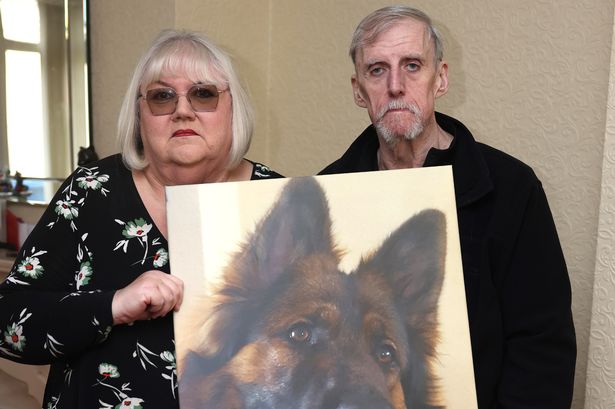 Lynn and Terry Maher with a picture of Shadow