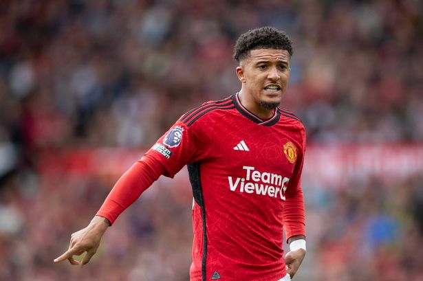MANCHESTER, ENGLAND - AUGUST 26: Jadon Sancho of Manchester United instructs team mates during the Premier League match between Manchester United and Nottingham Forest at Old Trafford on August 26, 2023 in Manchester, England. (Photo by Joe Prior/Visionhaus via Getty Images)