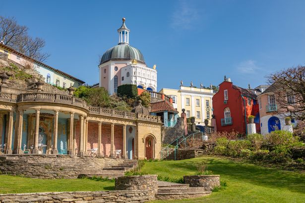 Wide angle view of colourful buildings at Portmeirion village.