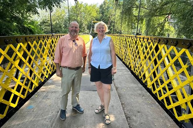 Cllr Andrew Varney and Cllr Jos Clark (Lib Dem, Brislington West) on the Sparke Evans Bridge between Arnos Vale and St Philips in Bristol