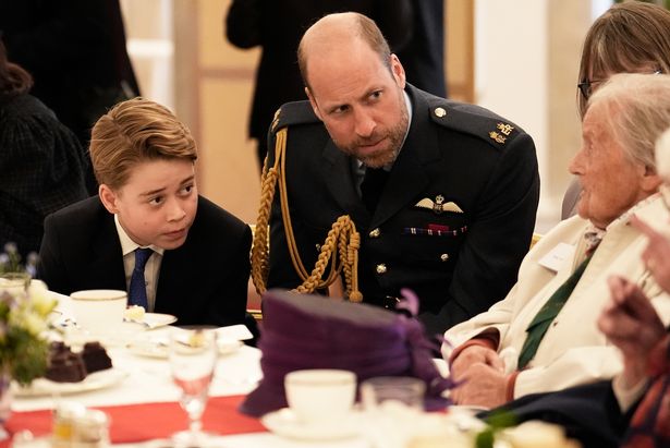 Prince William, Prince of Wales and Prince George join Second World War veterans at a tea party in Buckingham Palace following the military procession to mark the 80th anniversary of VE Day on May 5, 2025 in London, England. 