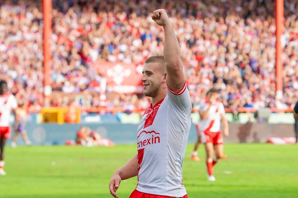 Hull KR's Mikey Lewis celebrates victory over Hull FC.