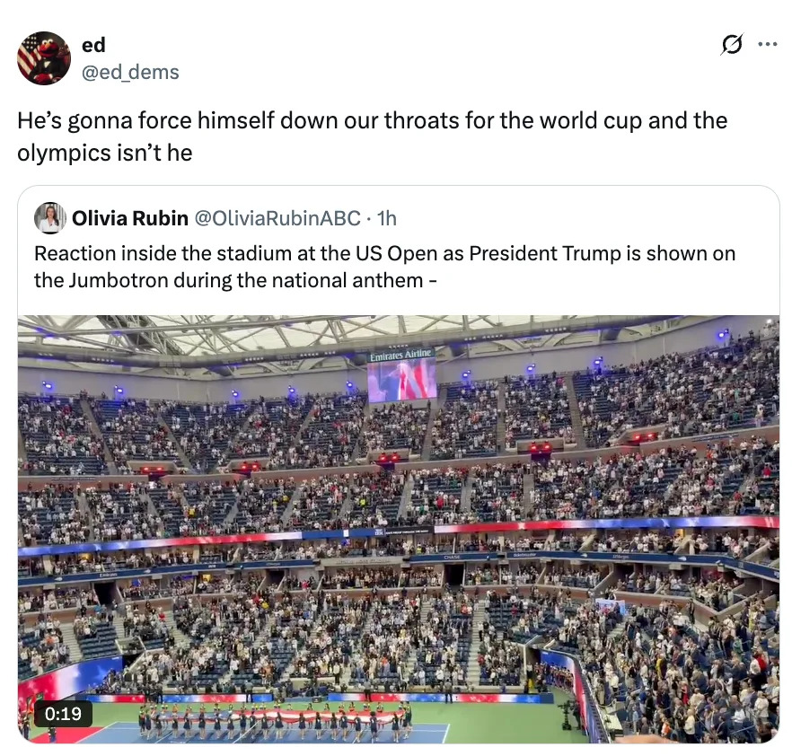 Screenshot of a tweet discussing a crowd's reaction to President Trump shown on a Jumbotron during the national anthem at the US Open