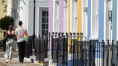 Getty Images A couple photographed from behind walking down a residential street past houses painted pink, yellow and blue